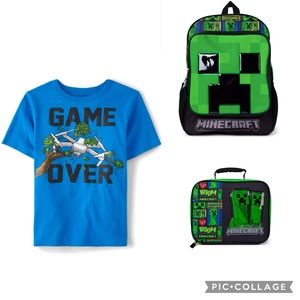 Boys Minecraft Backpack Bundle w/ Lunchbox Game Over graphic T-Shirt size 10/12
